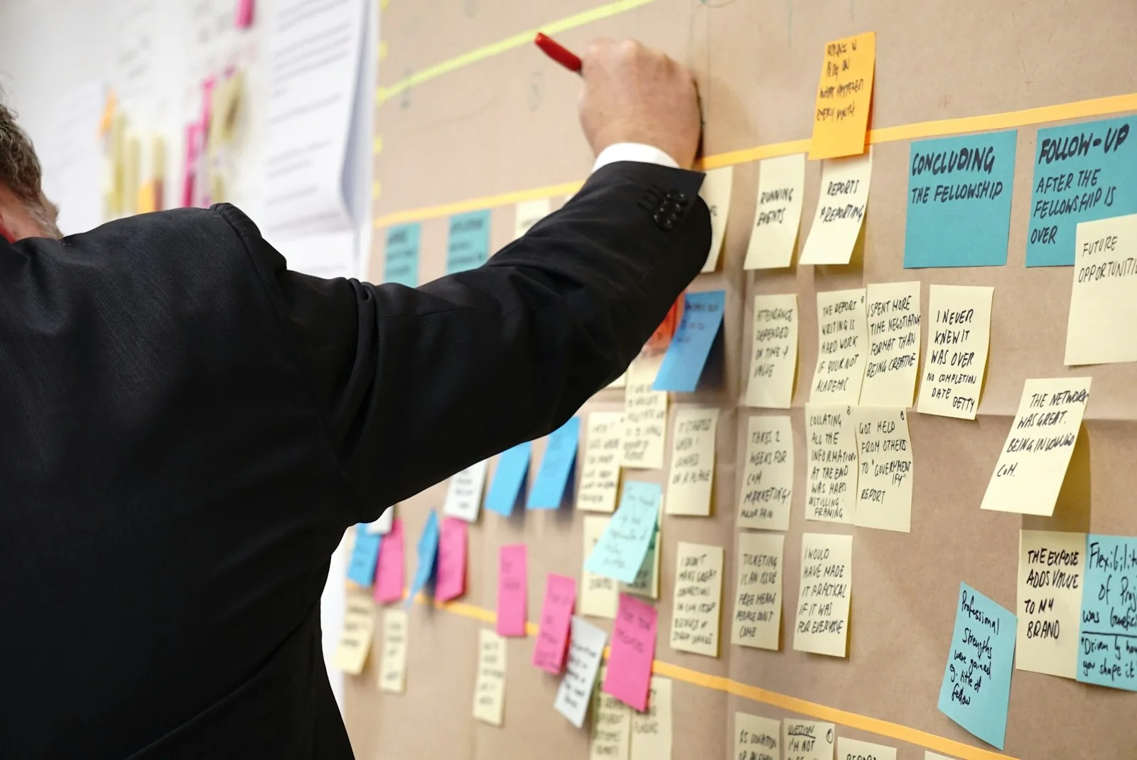 Workshop notes and organized ideas pinned to a planning board.